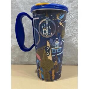 Walt Disney World 50th Anniversary Refillable Mug Blue Handle Tinker Bell Stitch
